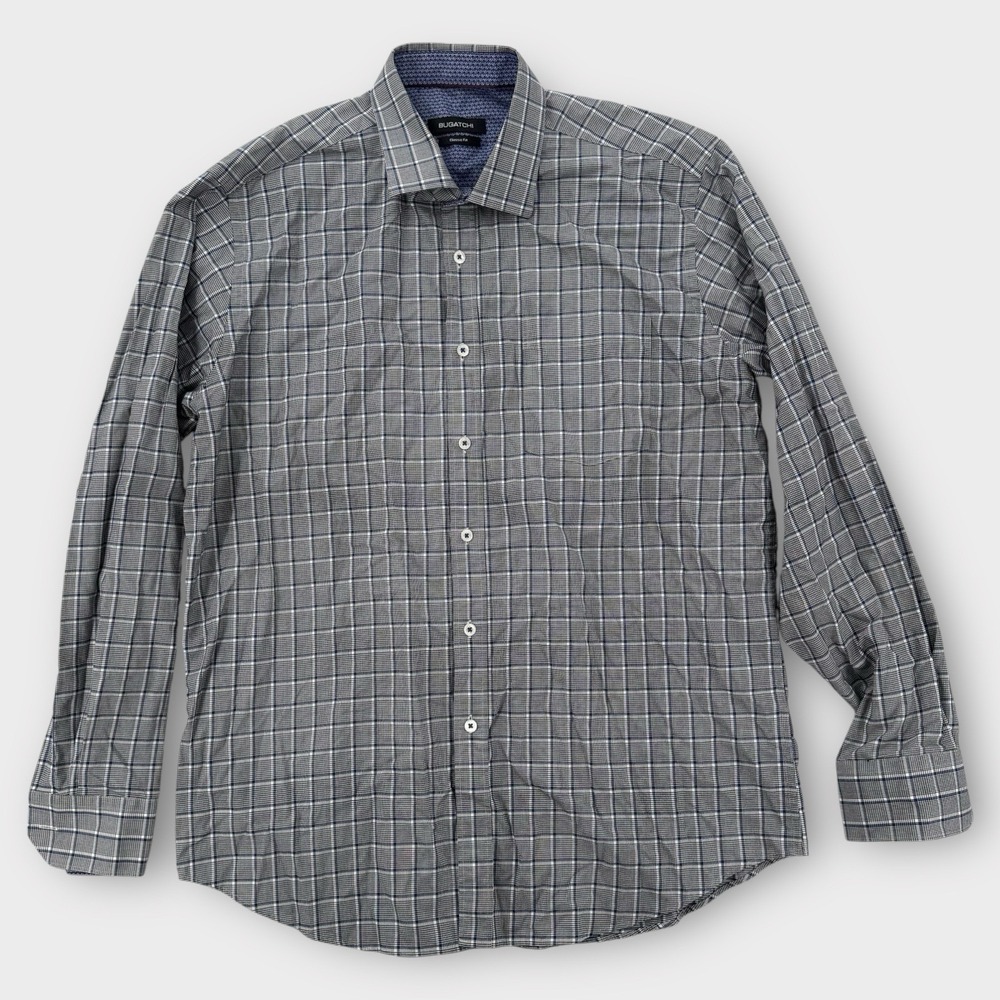 Bugatchi Shirt Mens Large Classic Fit‎ Plaid Button Down Long Sleeve Gray Blue